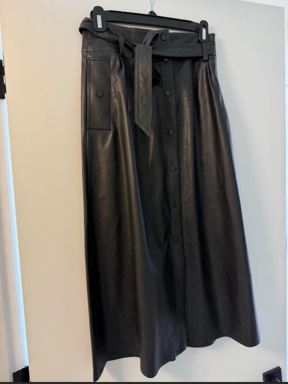 Brochu Walker Black Faux Leather Skirt with Button Detail